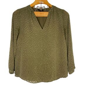 J.Crew Silk Dot Blouse Top Style E7788 Size 4 Olive Green Sleeve Notch Neck